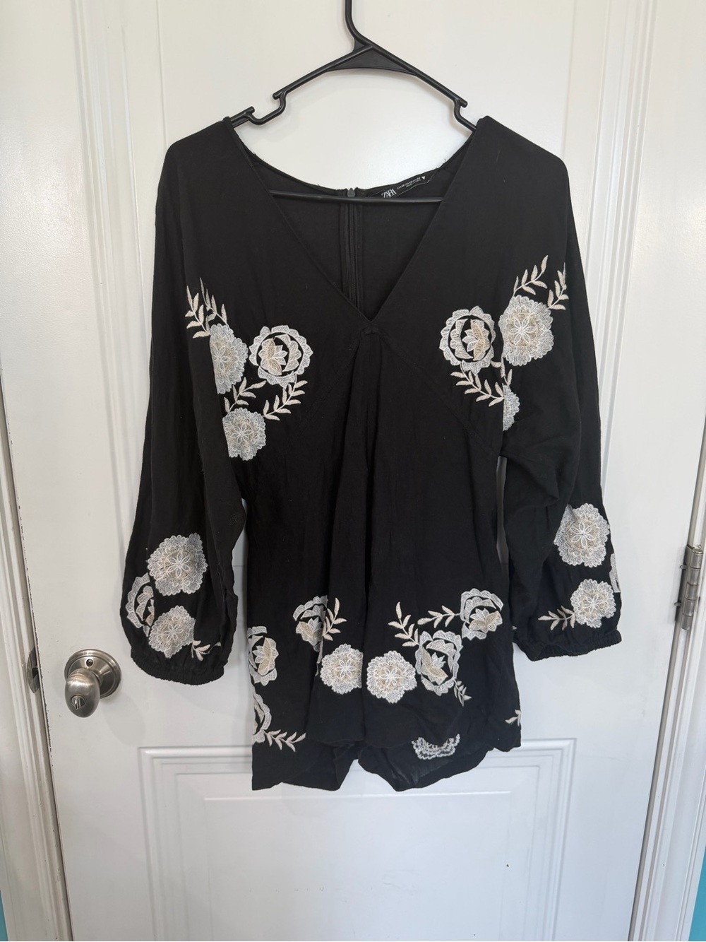 Zara Black V-Neck romper with White Floral Embroidery